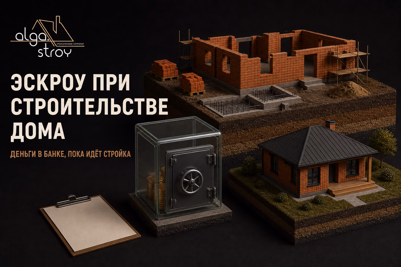 Макет кирпичной коробки дома в лесах на срезе грунта, рядом сейф с монетами под стеклянным колпаком и макет готового дома