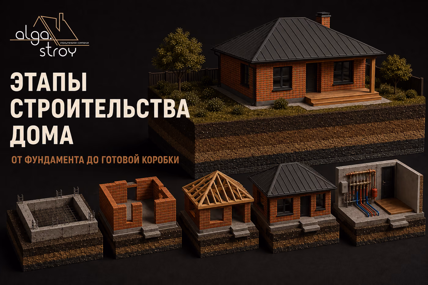 Макет кирпичного дома на срезе грунта, под ним пять стадий стройки в ряд: фундамент, кладка, стропильная система, кровля и котельная