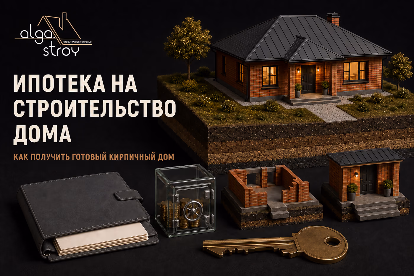 Макет кирпичного дома с освещёнными окнами на срезе грунта, рядом папка с документами, прозрачный сейф с монетами и большой золотой ключ