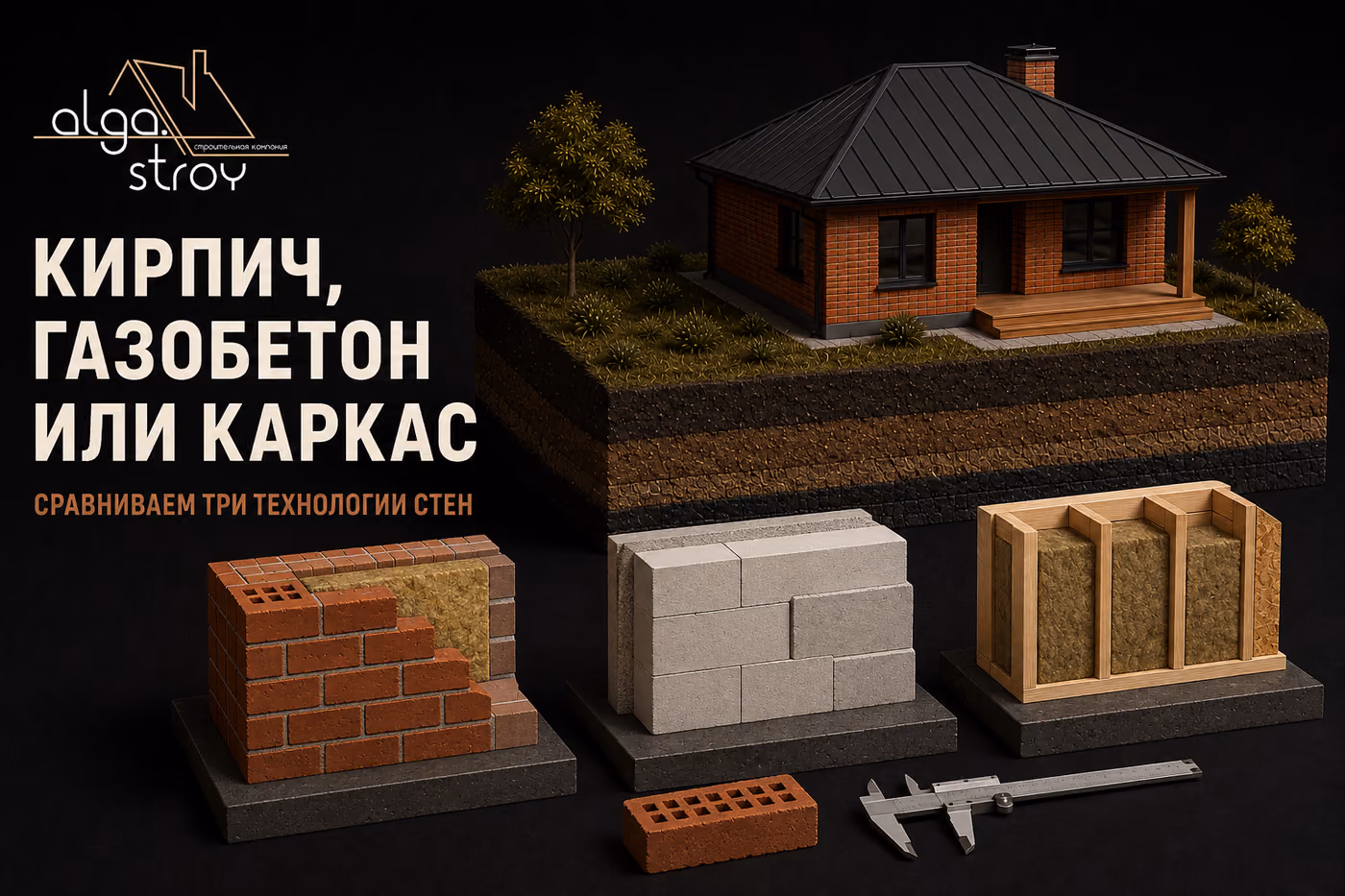 Макет кирпичного дома, под ним три фрагмента стены в разрезе: кирпичная многослойная с утеплителем, газобетонный блок и деревянный каркас с минеральной ватой