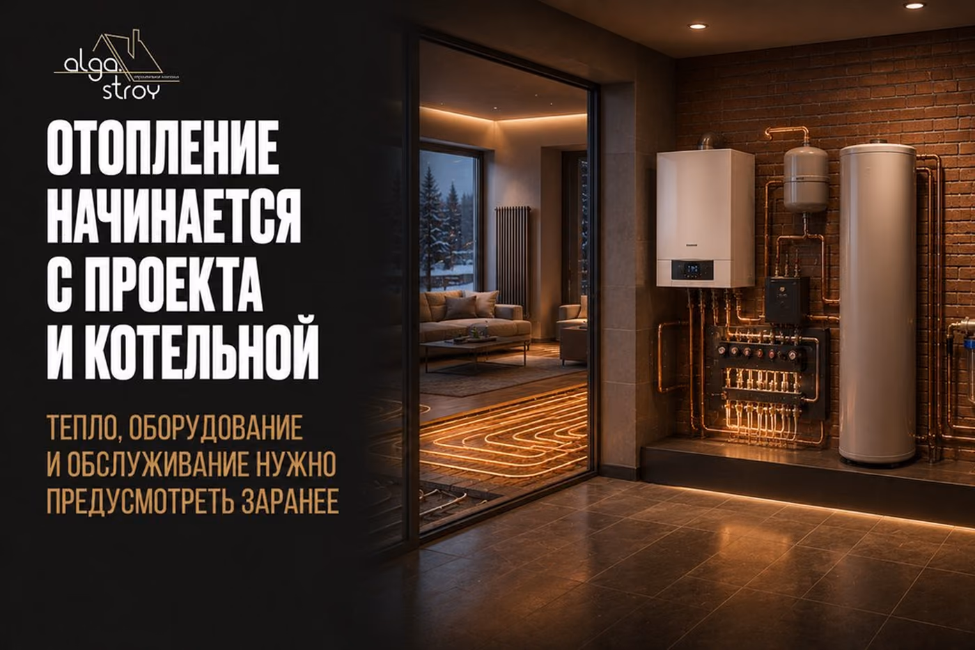 Котельная кирпичного дома: настенный газовый котёл, медный коллектор и бойлер у кирпичной стены, за стеклянной дверью гостиная и контуры тёплого пола в стяжке