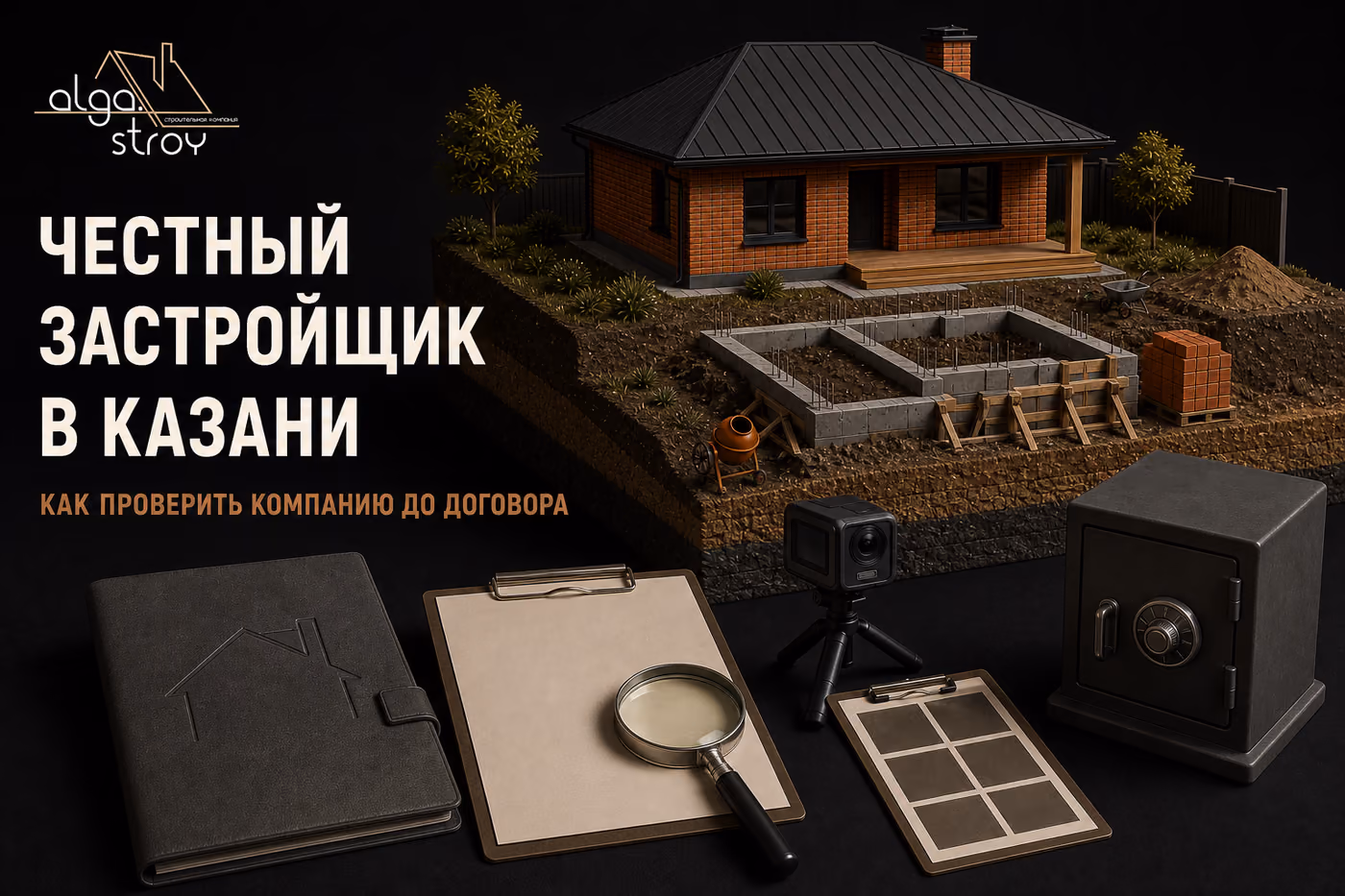 Макет готового дома и рядом участок со строящимся фундаментом; на переднем плане папка с документами, планшет, лупа, камера на штативе и сейф