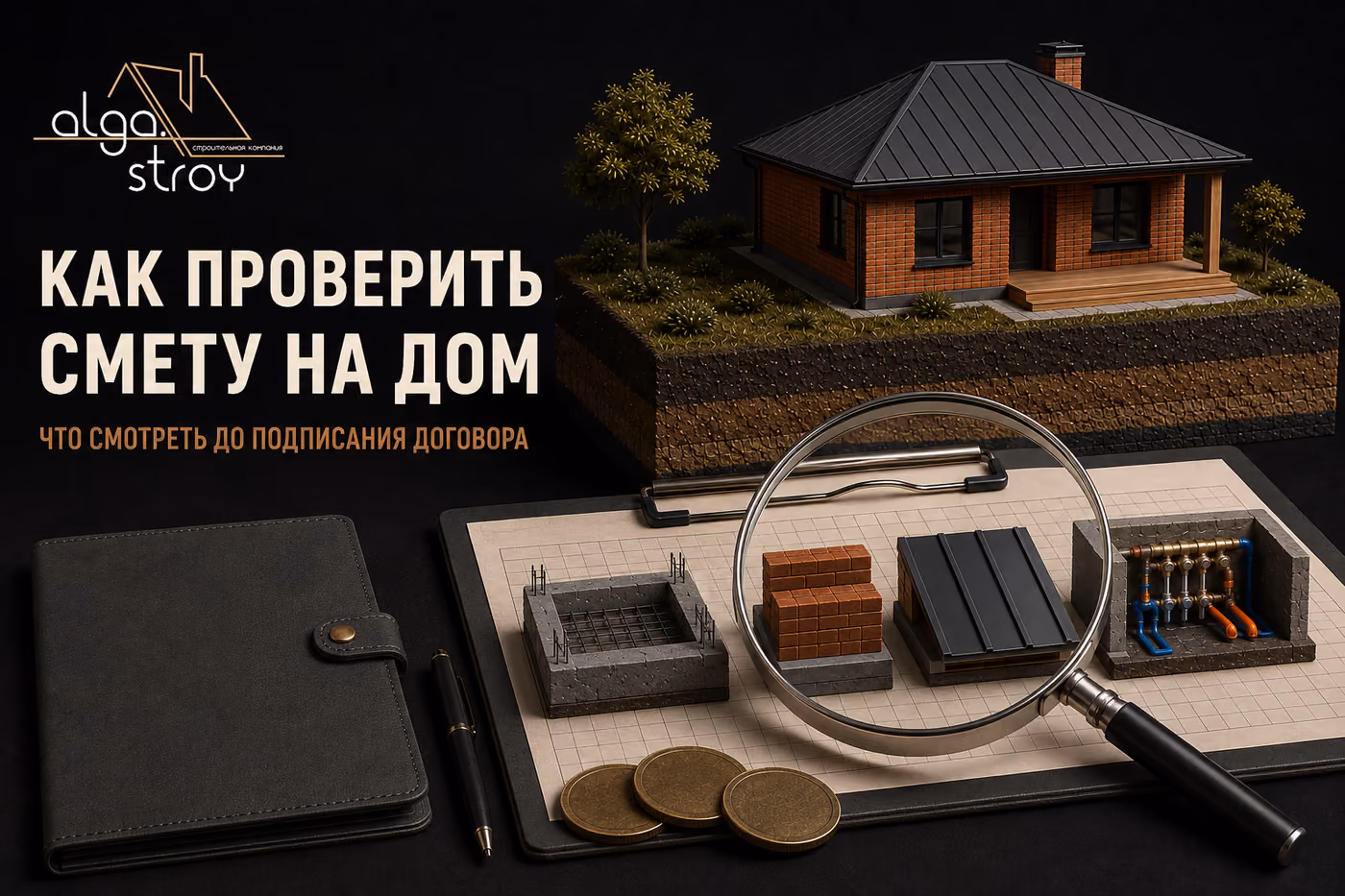 Макет кирпичного дома на срезе грунта, под ним планшет с чертежом и лупа над образцами: фундамент, кирпич, металл кровли, инженерный узел